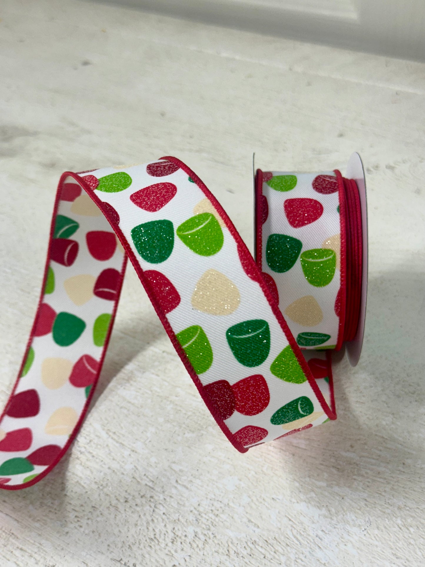 1.5 Inch By 10 Yard Red Green Cream Glitter Gumdrops Ribbon