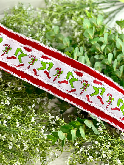 4 Inch By 10 Yard Green Monster Leg Red Velvet Christmas Ribbon