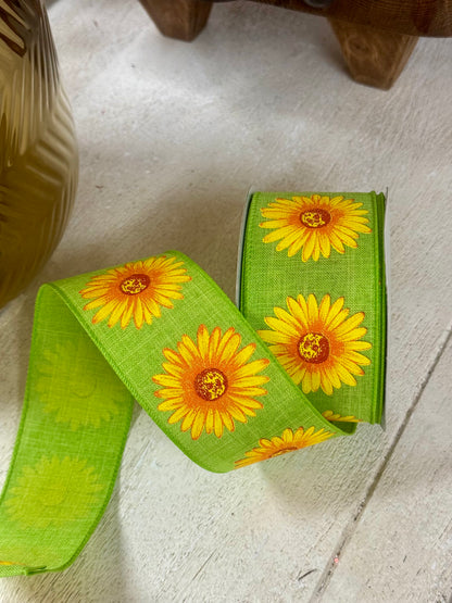2.5 Inch By 20 Yard Lime And Yellow Gerbera Daisy Ribbon