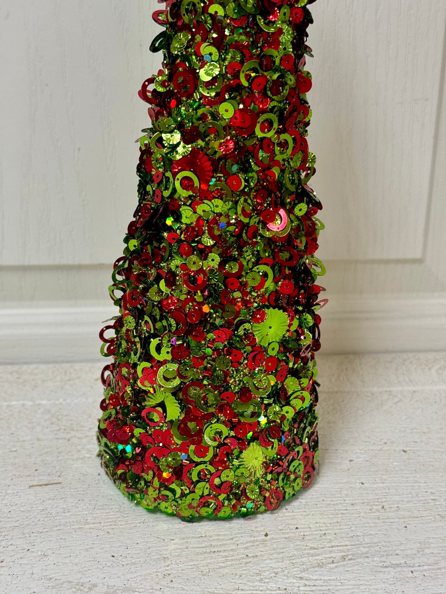 12 Inch Lime And Red Sequin Glitter Cone Tree