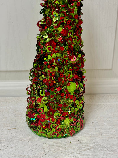 12 Inch Lime And Red Sequin Glitter Cone Tree