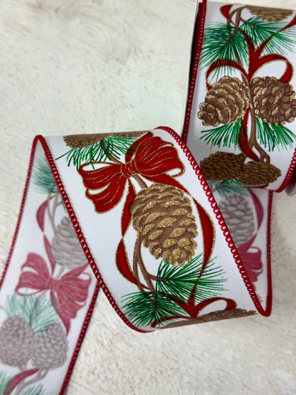 2.5 Inch By 10 Yard Pinecone And Red Bow Ribbon