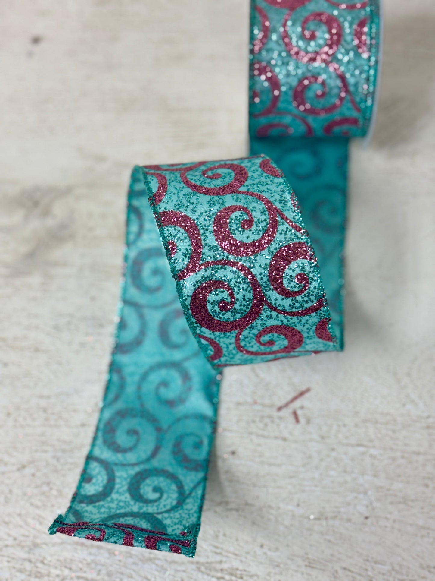 2.5 Inch By 10 Yard Teal And Pink Glitter Swirl Ribbon