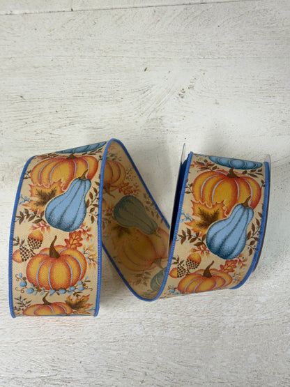 2.5 Inch By 10 Yard Orange Blue Pumpkin Gourd Leaves Ribbon