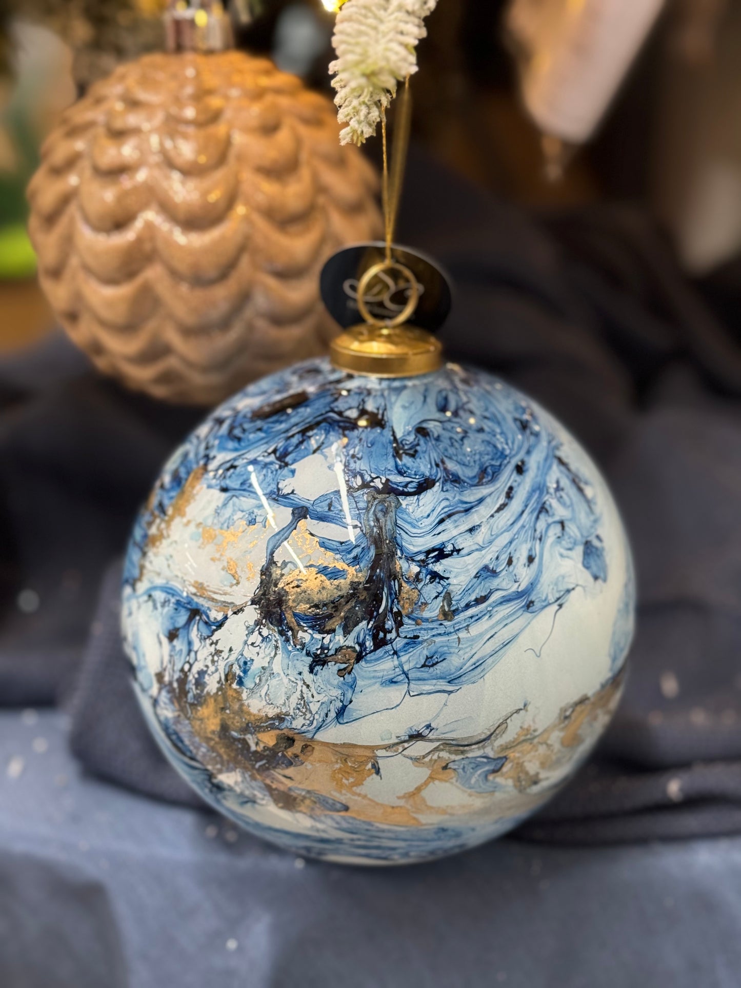 6 Inch Blue And Gold Watercolor Glass Ball Ornament