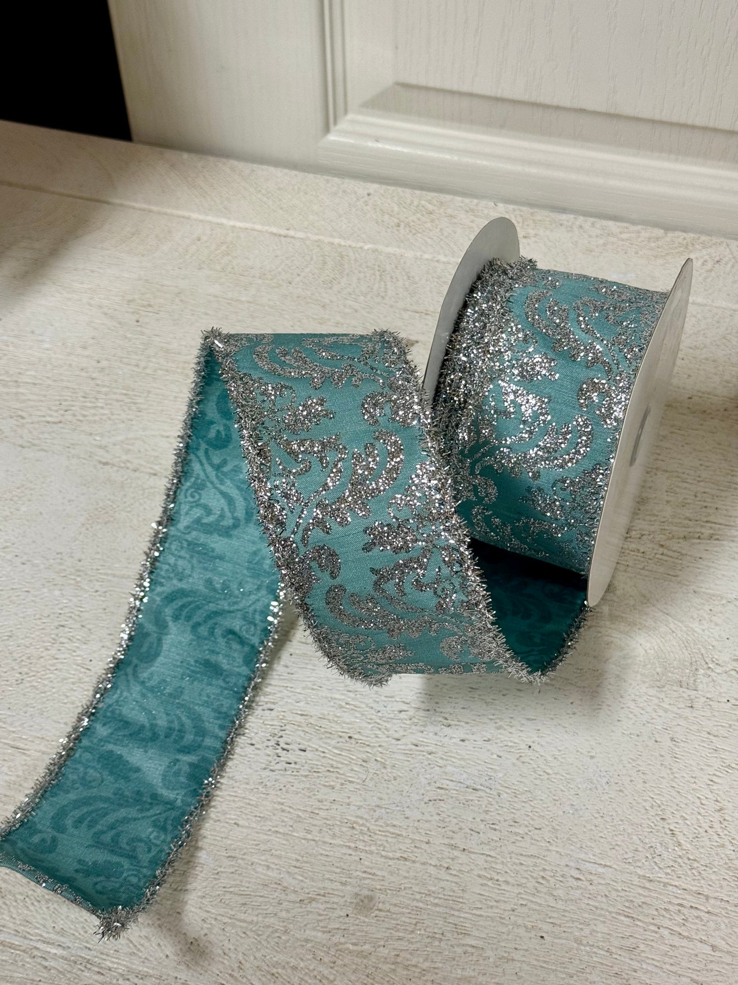 2.5 Inch By 10 Yard Aqua And Silver Demask Ribbon With Silver Tinsel Edging