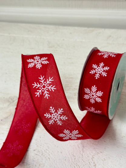 1.5 Inch By 10 Yard Red And White Snowflake Ribbon