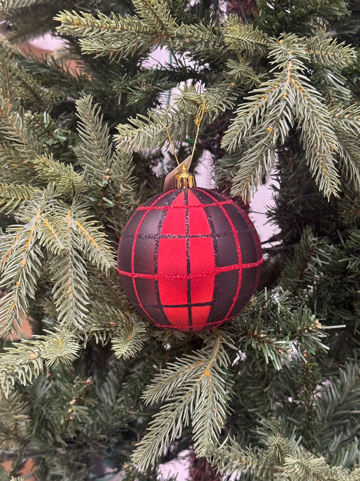 4 Inch Red And Black Plaid Ornament Ball