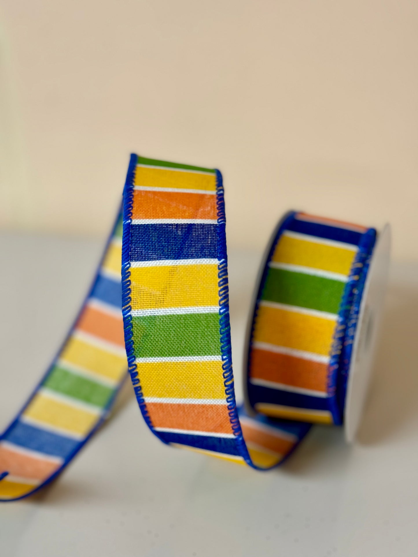 1.5 Inch By 10 Yard Royal Blue Yellow Orange and Green Striped Ribbon