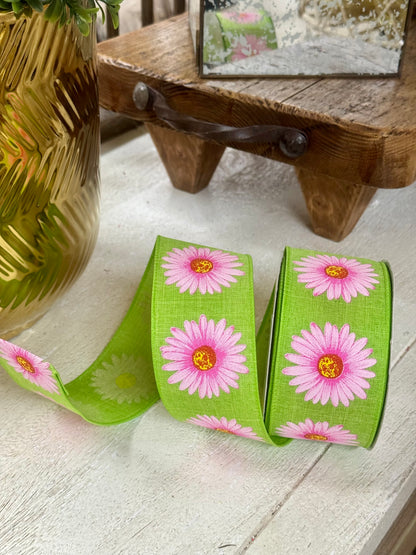 2.5 Inch By 20 Yard Pink And Lime Green Gerbera Daisy Ribbon