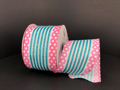 2.5 Inch By 10 Yard Aqua Glitter Stripes With Pink And White Polka Dots Ribbon