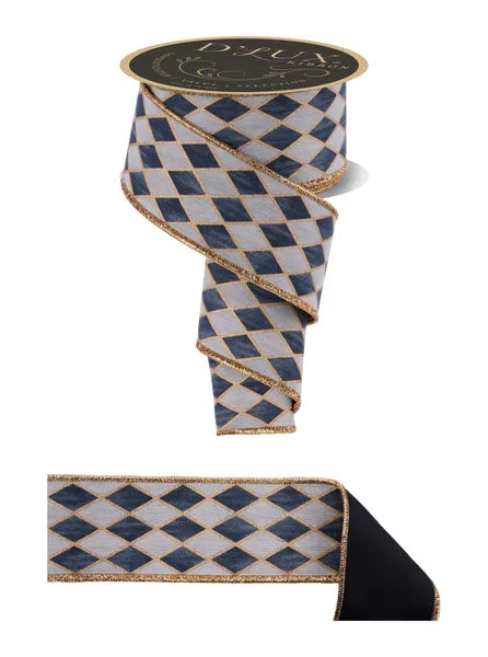 2.5 Inch By 10 Yard Cream Grey Gold And Black Antique Harlequin Fused Ribbon