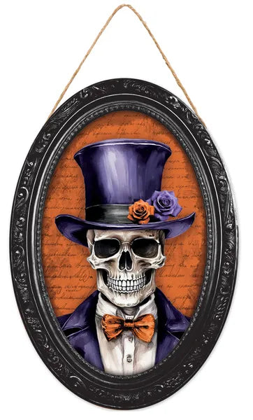 13 Inch By 9 Inch Purple Orange And Black Skeleton Portrait Wood Sign