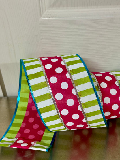 4 Inch By 10 Yard Hot Pink Lime Polka Dot With Stripes Ribbon