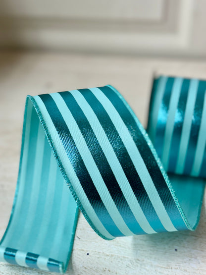 2.5 Inch By 10 Yard Ice Blue Metallic Vertical Striped Ribbon