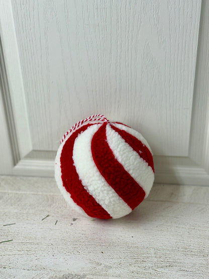 6.5 Inch Red And White Whimsical Wool Peppermint Stripe Ornament Ball