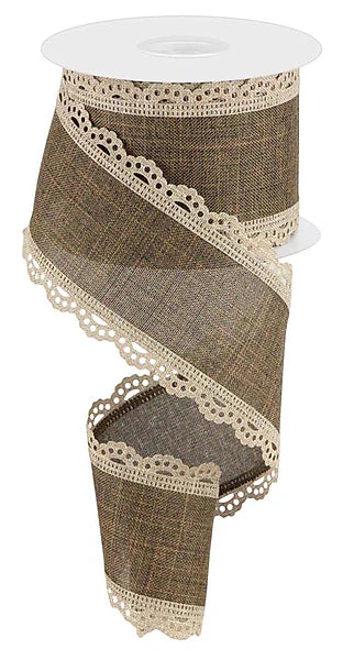 2.5 Inch By 10 Yard Light Beige And Brown Lace Edge Royal Burlap Ribbon