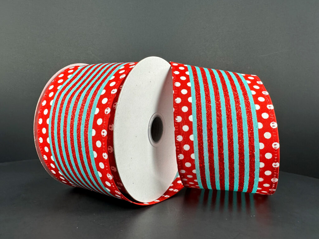 2.5 Inch By 10 Yard Aqua Glitter Stripe Ribbon With Red And White Polk –  TMIGifts