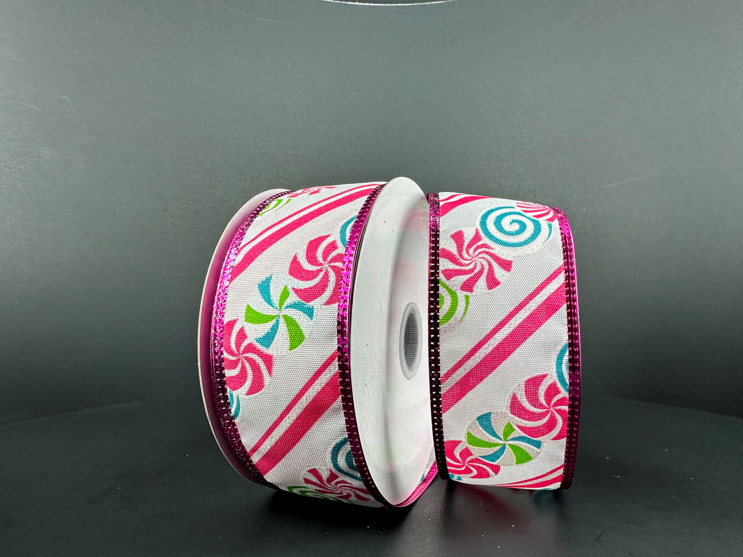 1.5 Inch By 10 Yard Color Peppermints With Pink Metallic Stripes Ribbon
