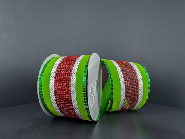 2.5 Inch By 10 Yard Green Velvet With Red Net Center Ribbon