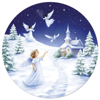 12 Inch White Blue And Green Angel Winter Scene Metal Sign