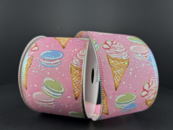 2.5 Inch By 10 Yard Pink Ice Cream Cones And Macaroons Ribbon