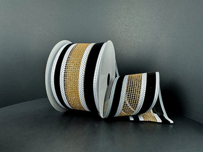 2.5 Inch By 10 Yard Black Velvet With Gold Net Center Ribbon
