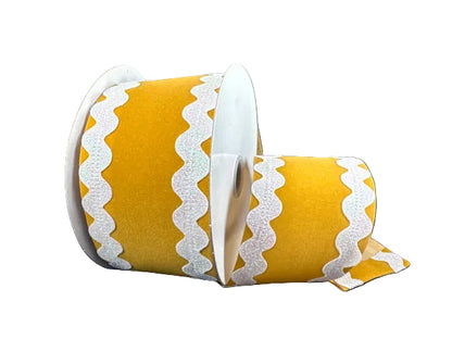 2.5 Inch By 10 Yard Tan Velvet With Iridescent Ric Rac Edge Ribbon
