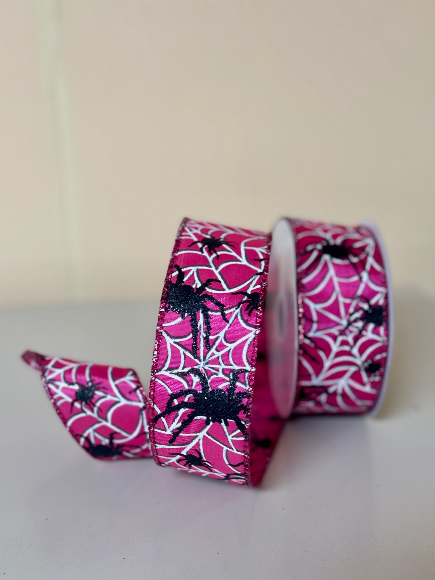 1.5 Inch By 10 Yard Fuchsia Spider And Spider Web Ribbon