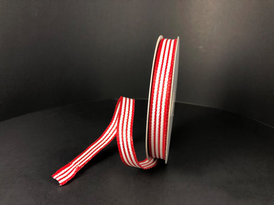 3/8 Inch By 10 Yard Red And White Stripe Metallic Ribbon