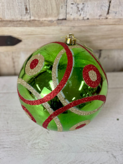 8 Inch Green Red And Gold Glitter Circle And Polka Dot Ornament Ball