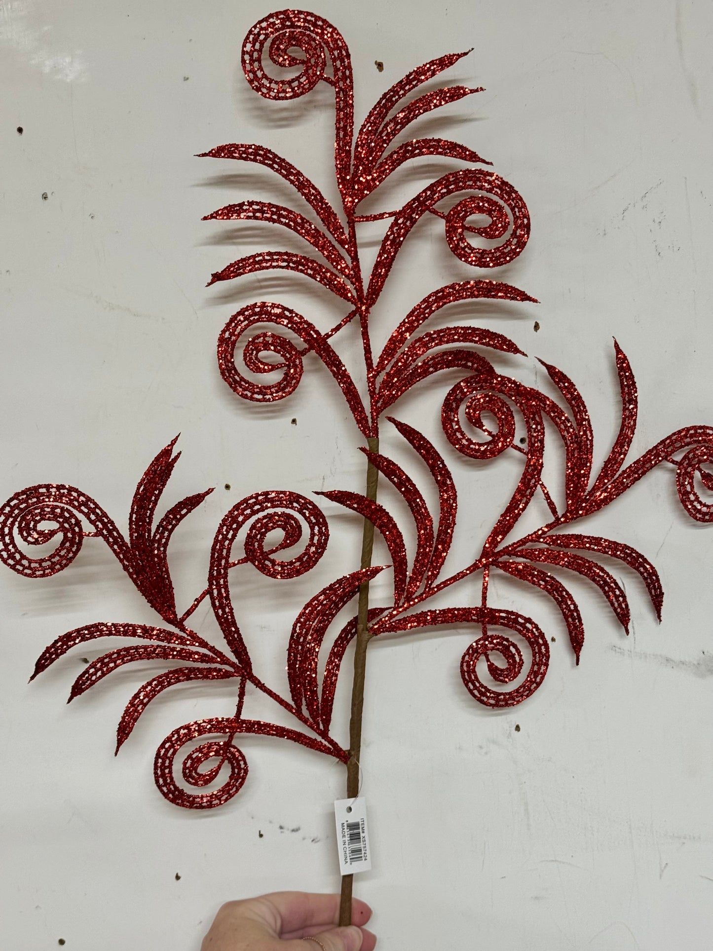 35 Inch Red Glittered Swirl Palm Spray