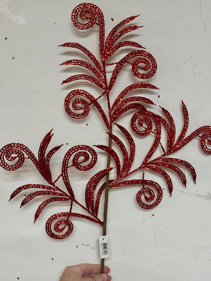 35 Inch Red Glittered Swirl Palm Spray