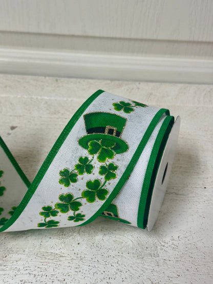 2.5 Inch By 10 Yard White Linen Shamrocks St. Patrick Hat Ribbon