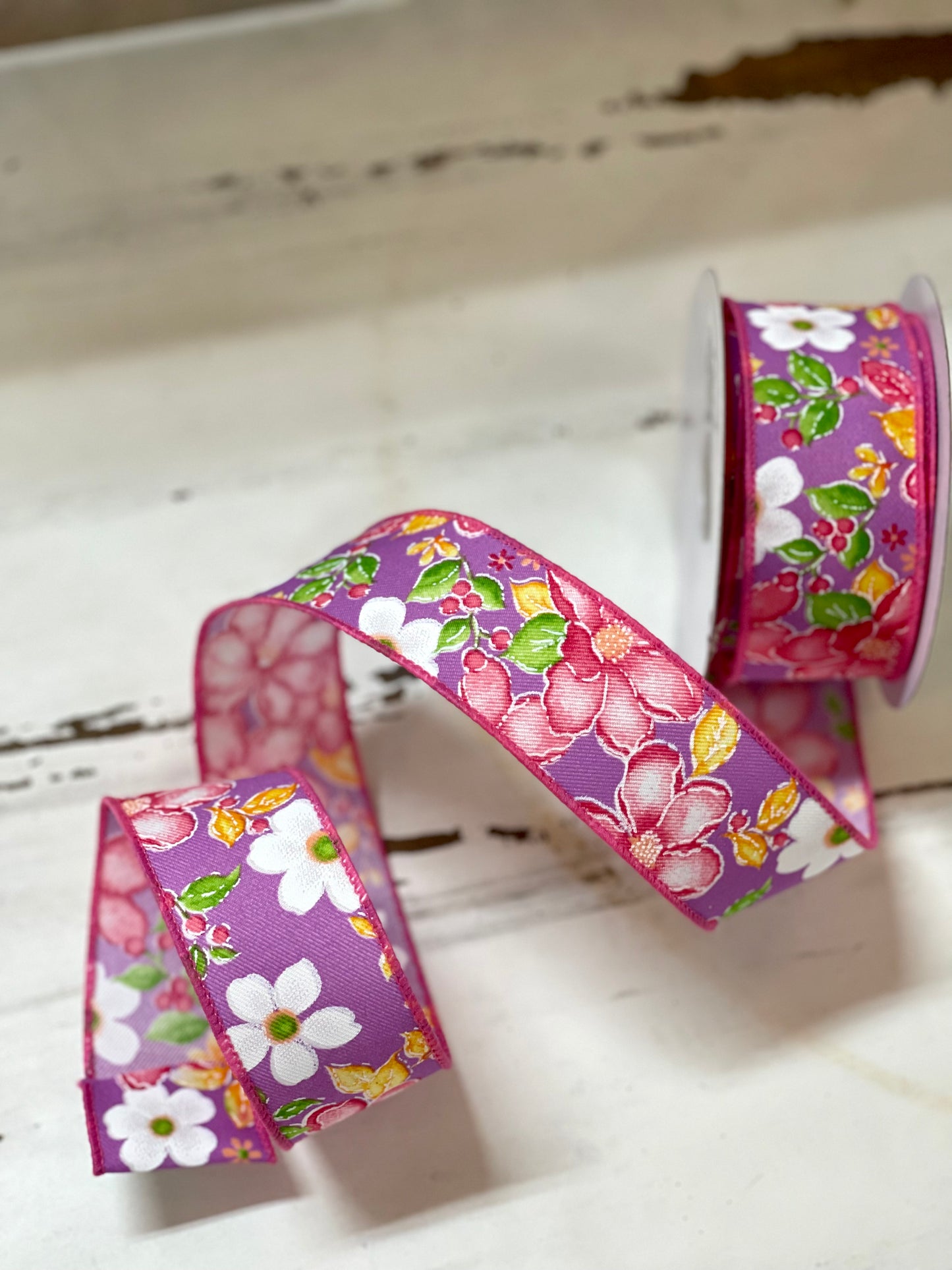 1.5 Inch By 10 Yard Purple Background With Watercolor Flowers Ribbon