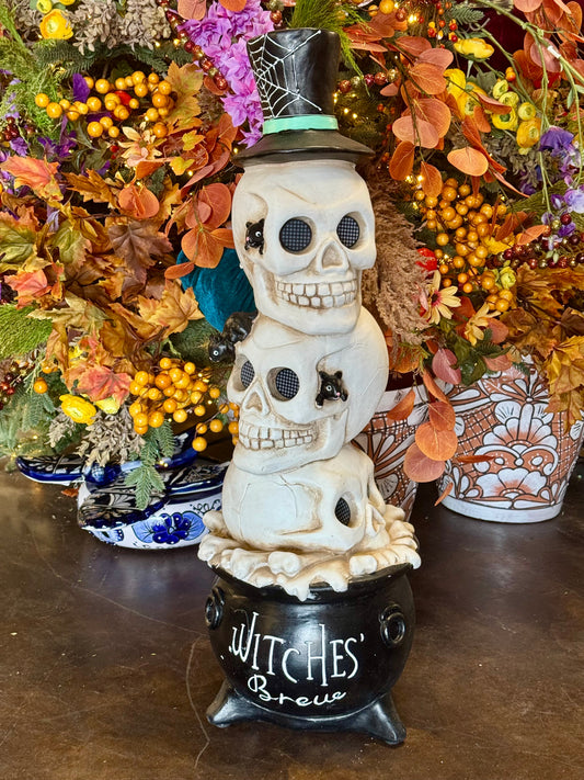 32 Inch Witches Brew Three Stack Skull Heads With Cauldron