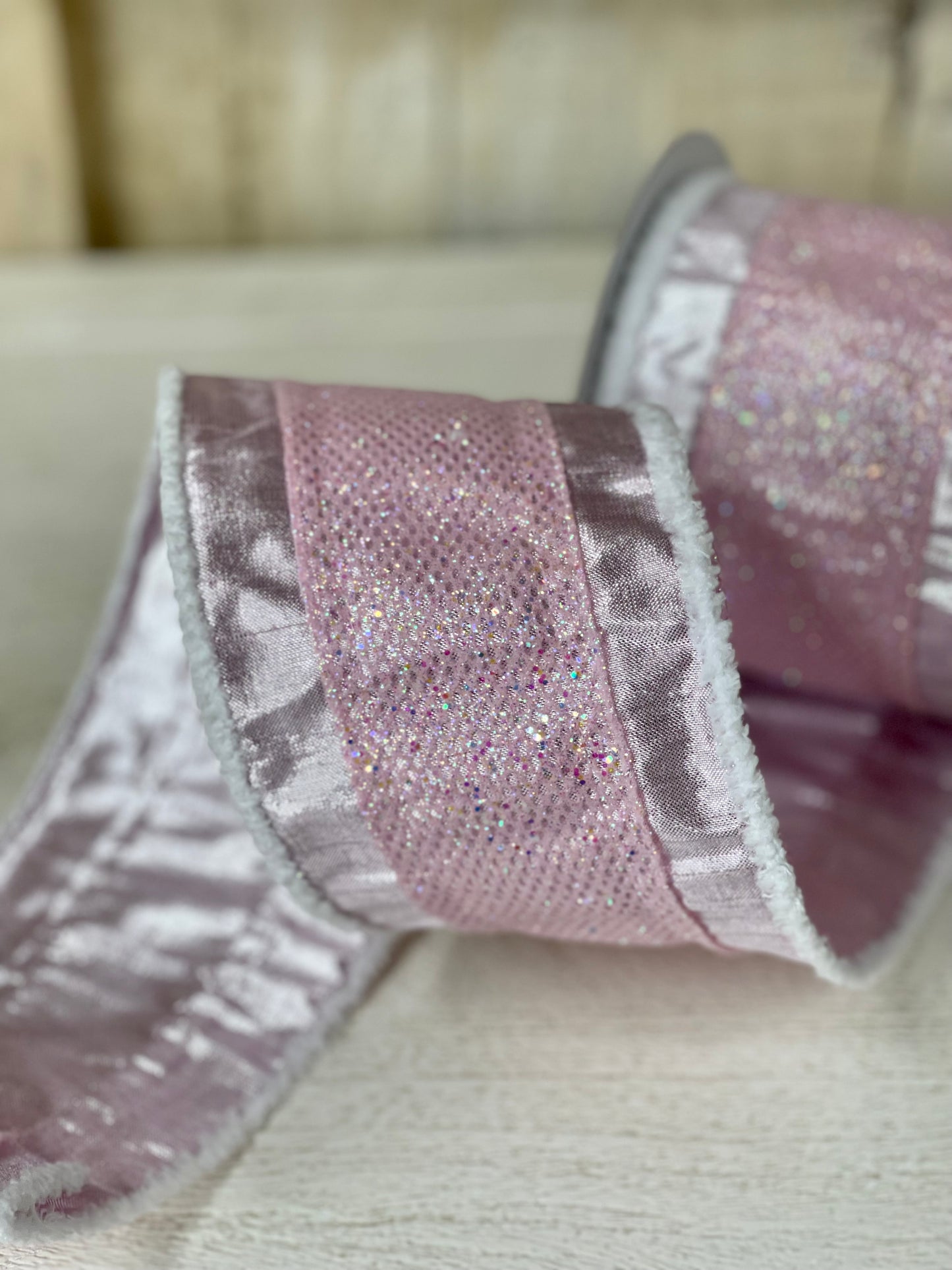 4 Inch By 10 Yard Baby Pink Metallic With Snowdrift Edges Ribbon