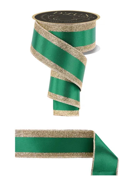2.5 Inch By 10 Yard Emerald And Gold Vertical Glitter Stripe Sewn Ribbon