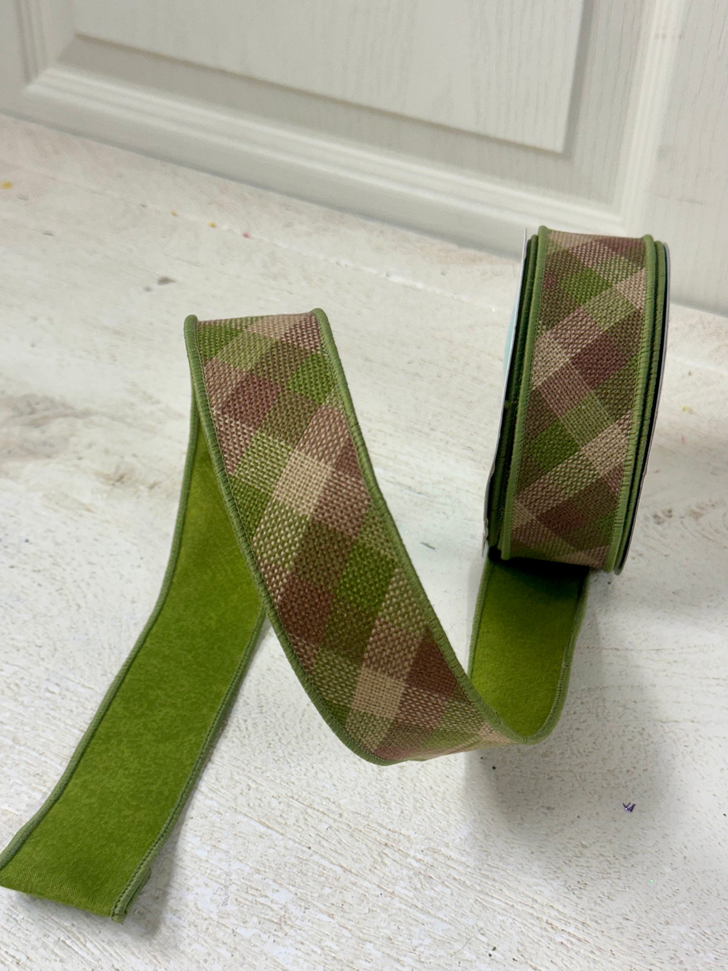 1.5 Inch By 10 Yard Moss Green Brown Beige Woven Check Fused Ribbon