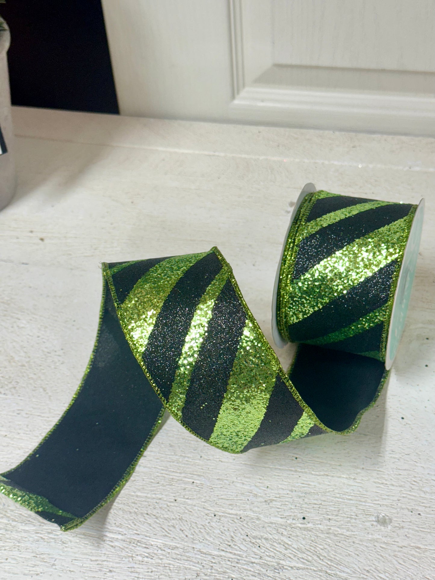 2.5 Inch By 10 Yard Lime Green And Black Large Striped Glitter Ribbon