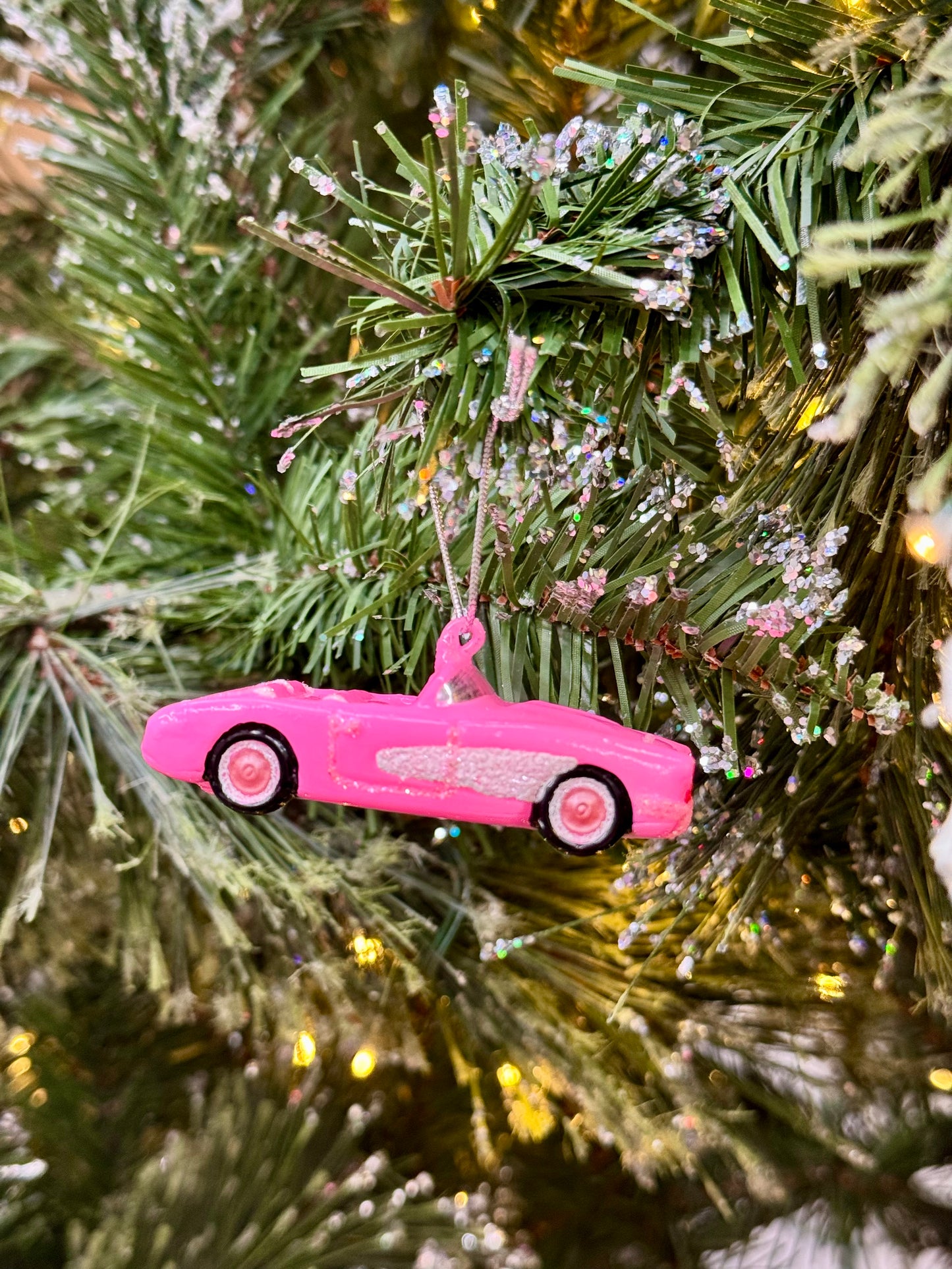 Pink Convertible Car Glass Ornament