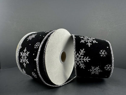 2.5 Inch By 10 Yard Black Background With Silver Glitter Snowflake Ribbon