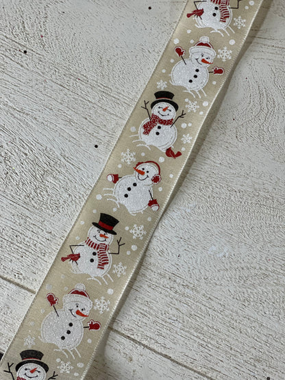 2.5 Inch By 10 Yard Natural Background With Snowman Ribbon