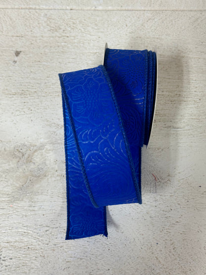 1.5 Inch By 10 Yard Royal Blue Floral Leaves Ribbon