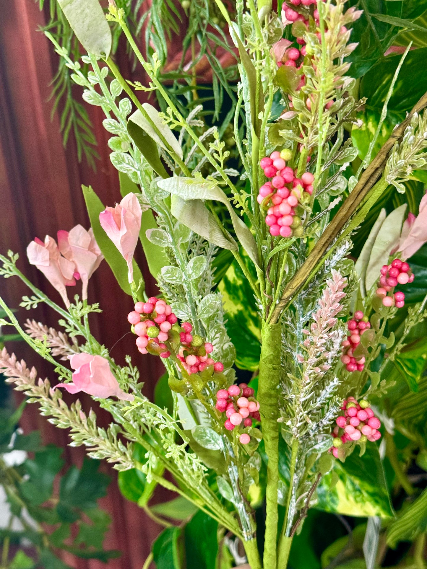 24 Inch Pink And Green Paper Flower Leaf And Bead Spray