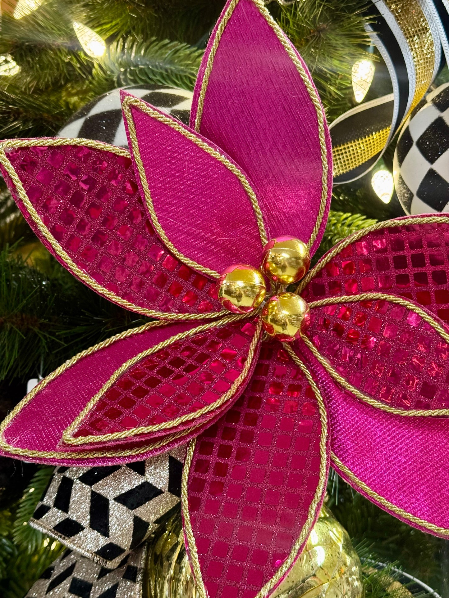 15 Inch Fuchsia And Gold Sequin Poinsettia Spray