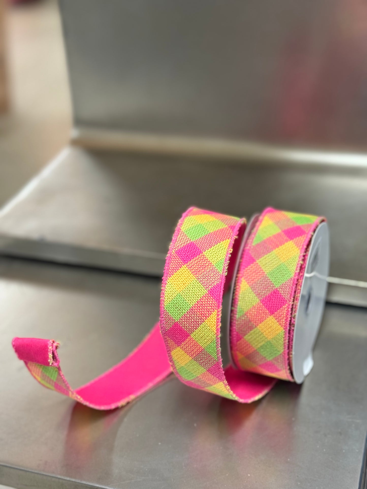 1.5 Inch By 10 Yard Hot Pink Lime And Yellow Woven Check Ribbon