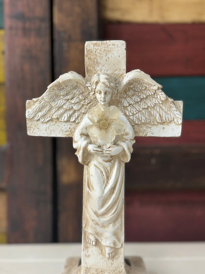 11.75 Inch Solar Powered Resin Cross Angel