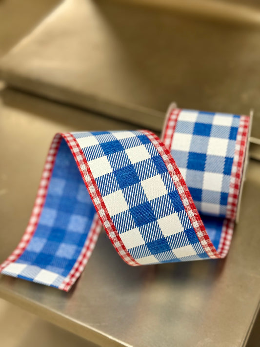 2.5 Inch By 10 Yard Royal Blue And Red Gingham Ribbon