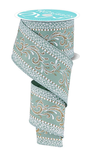 2.5 Inch By 10 Yard Sage Green White And Gold Swirls Ribbon